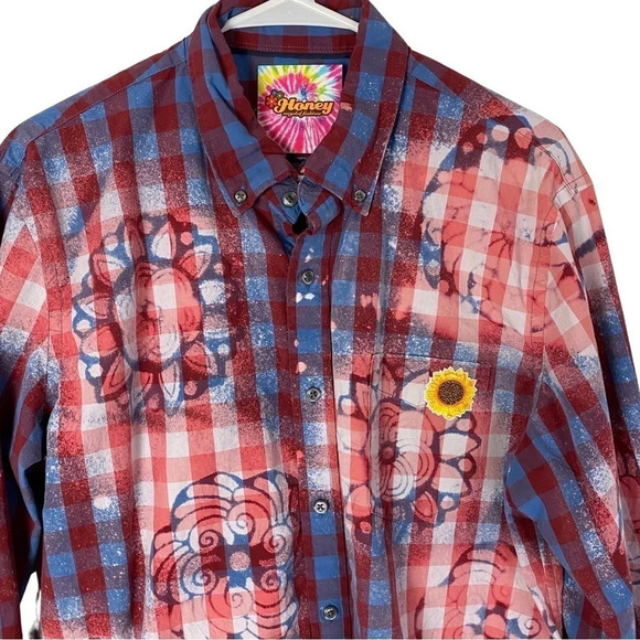 Reworked Boho Floral Bleached Plaid Button Down Shirt Womens Size Large Top Red - Picture 3 of 13